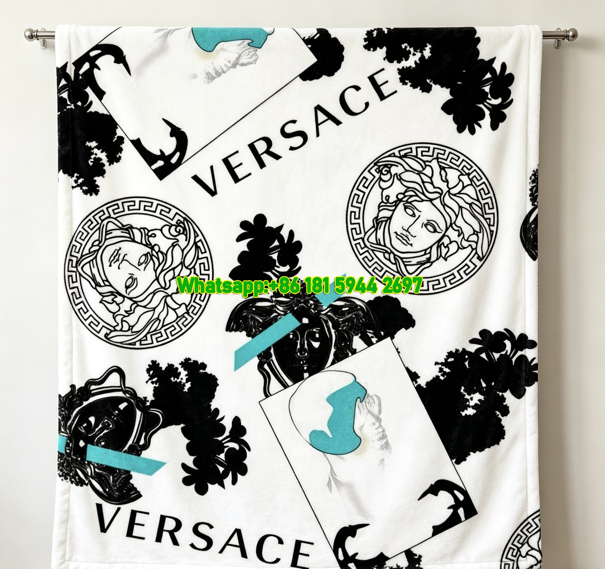 Versace Black White Turquoise Medusa Print Flannel Throw Blanket IMG_1350